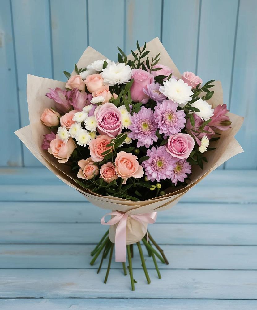 Букет цветов из: Хризантемы, Розы и Альстромерии в Симбухово