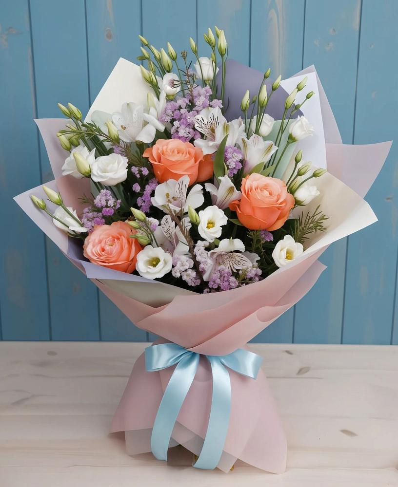 Букет цветов из: Лизиантусы, Розы, Альстромерии и Гипсофила в Симбухово