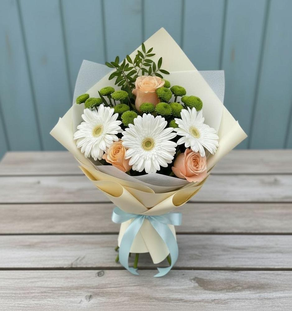 Букет цветов из: Герберы, Розы и Хризантемы в Симбухово