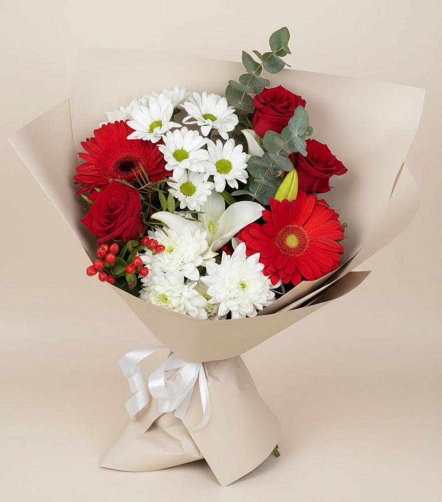 Букет цветов из: Розы, Хризантемы, Герберы и Лилии в Симбухово