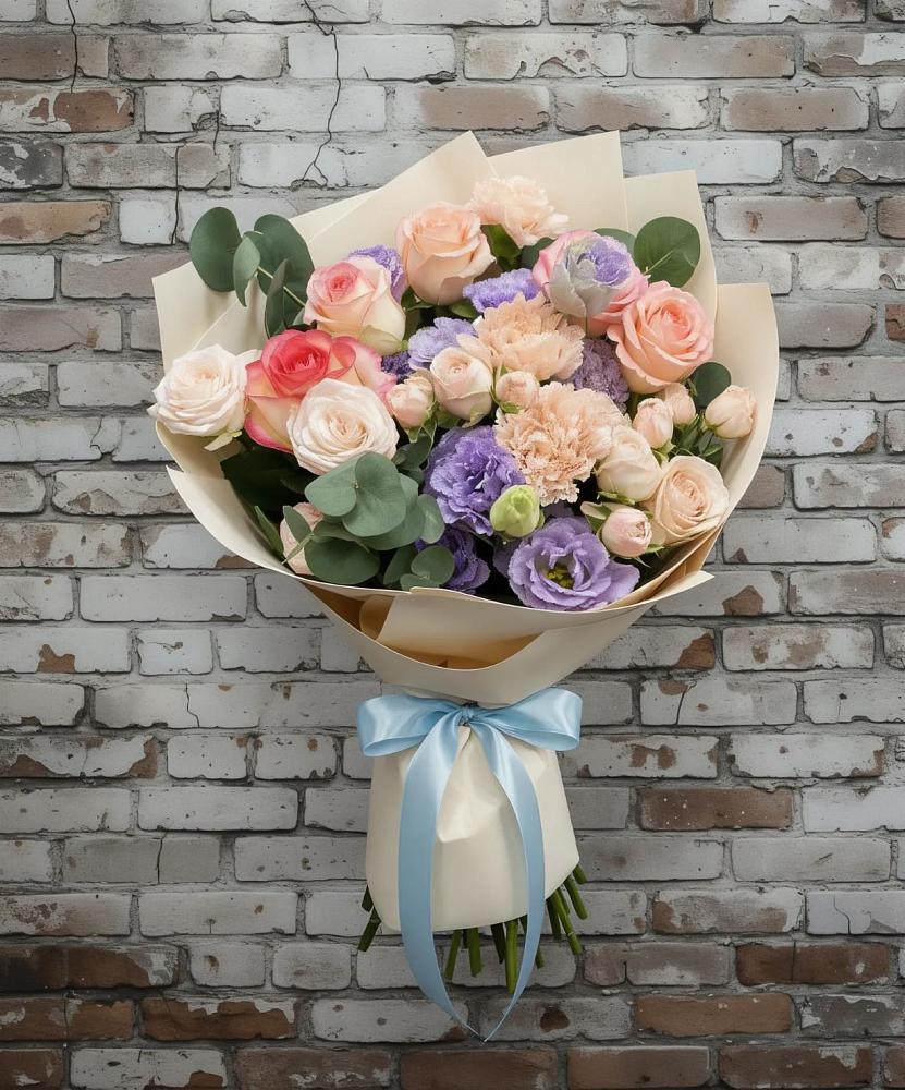 Букет цветов из: Розы, Лизиантусы и Гвоздики в Симбухово