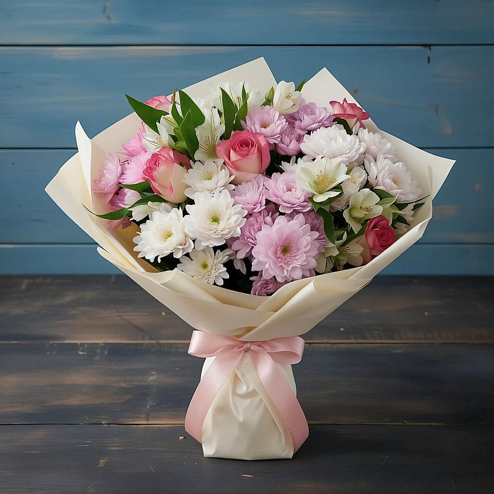 Букет цветов из: Хризантемы, Альстромерии и Розы в Симбухово